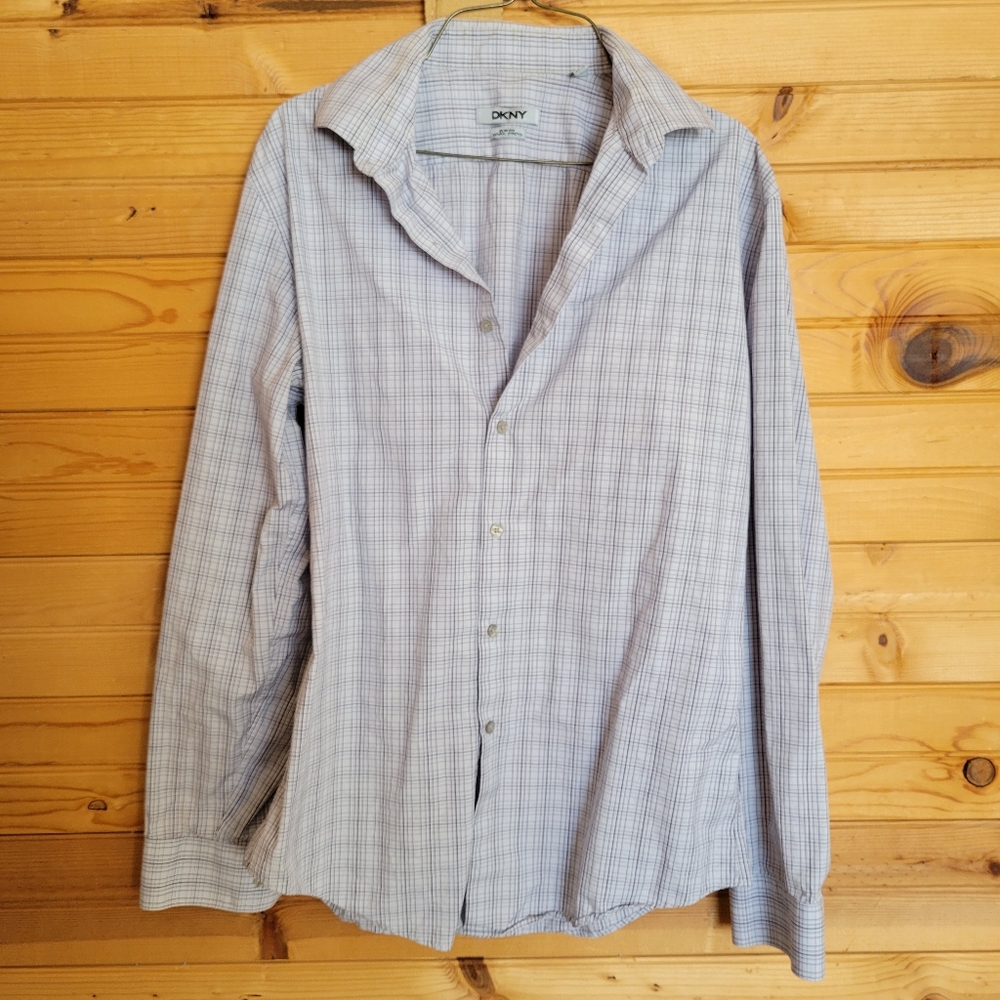 DKNY Men's Slim Fit Button Down White/ Black Stripes Shirt, Size 15-1/2